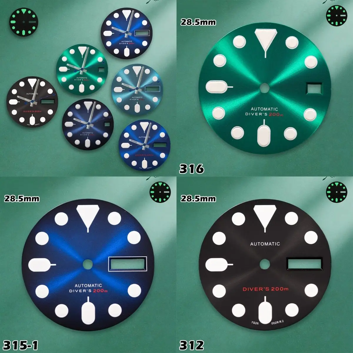 28.5mm SKX007 Matte/Sunray Dial NH36/4R36 Movements 3C Green Luminous Watches for men Watch Modification Accessories