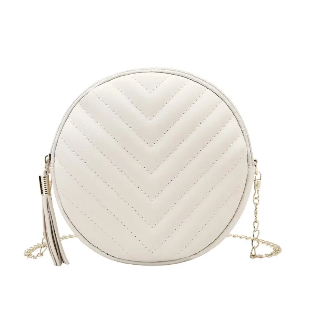 Fashionable V-shaped Line Line Small Round Bag PU Zipper MINI Handbag Tassel Cross-body Pouch Party