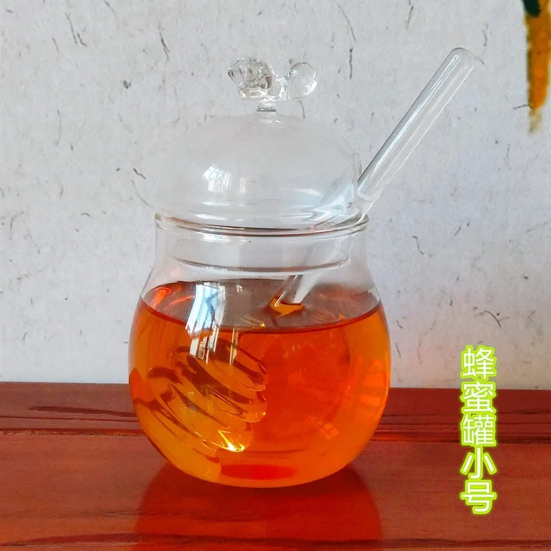 Household Transparent Glass Honey Jar with Lid Glass Stirring Stick Honey Bottle Creative Glass Transparent Jar Glass Container