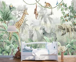 Custom Cartoon Animal Jungle Wallpaper Mural for Kindergarten Children's room Tiger Elephant Giraffe Background wallpaper