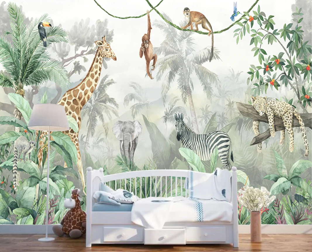 Custom Cartoon Animal Jungle Wallpaper Mural for Kindergarten Children's room Tiger Elephant Giraffe Background wallpaper