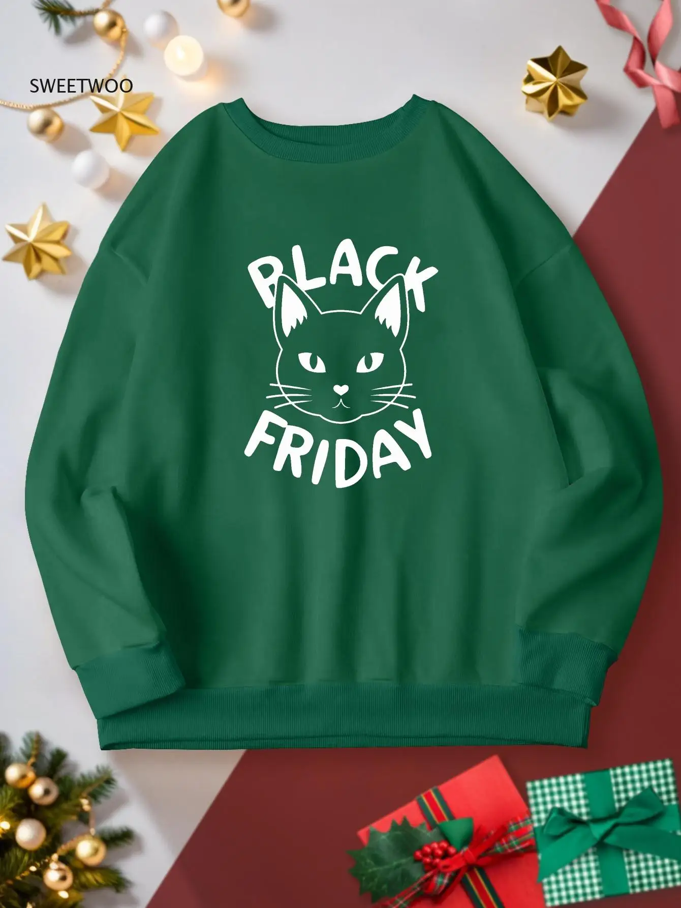 

1 шт. Whimsycat Повседневная женская толстовка, полиэстер с геометрическим рисунком кота, круглый вырез, вязаный пуловер на осень/зиму, черный