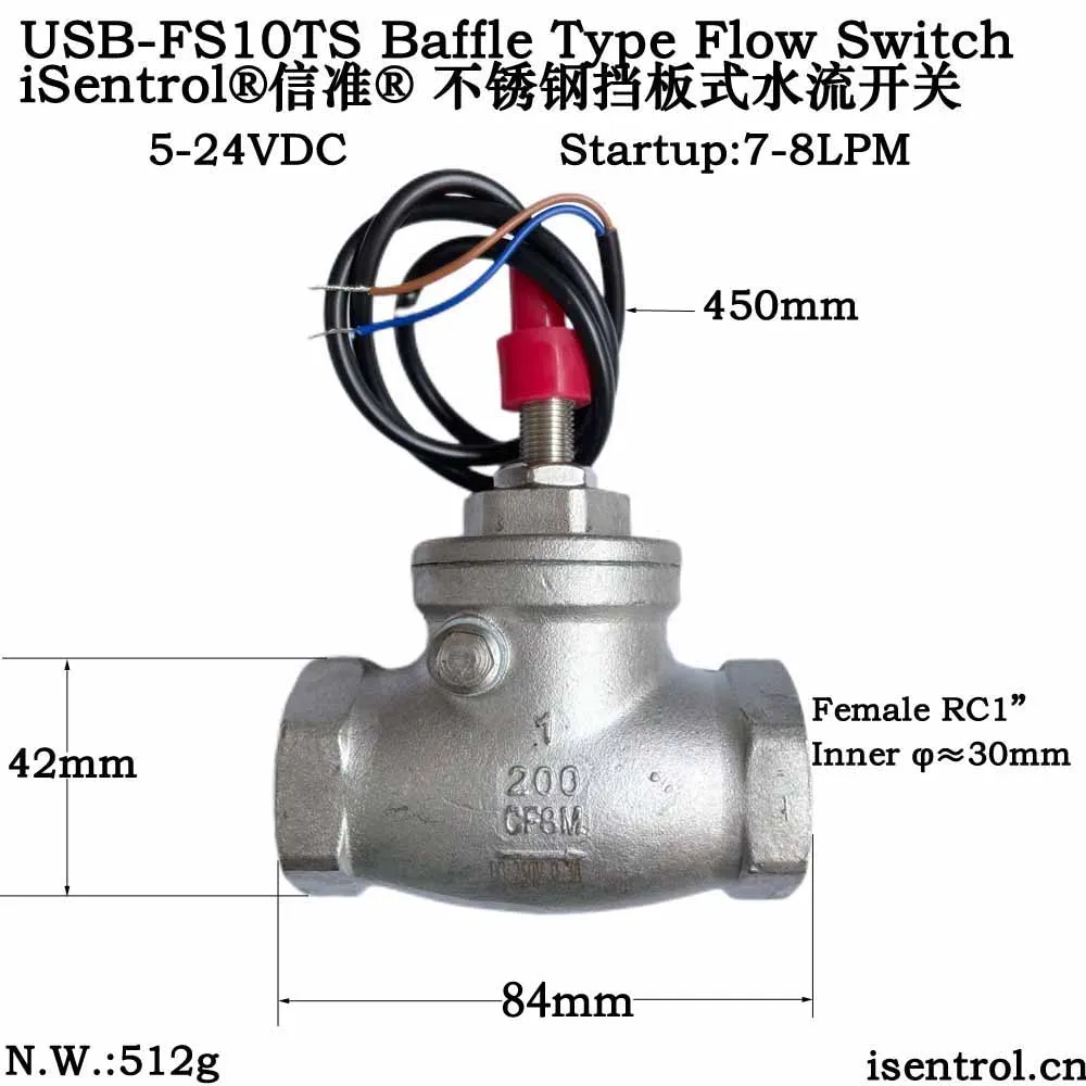 

SUS304 USB-FS10TS переключатель потока тростниковый датчик SS переключатель 8-80 л/мин 250 В постоянного тока 70 Вт 2-проводной выключатель