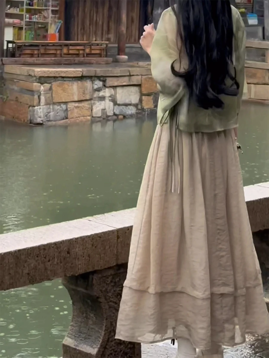 

Новый комплект в стиле зеленого чая: китайский национальный стиль Ханьфу, винтажный комплект из двух предметов с пуговицами и сетчатой полуюбкой, женская мода