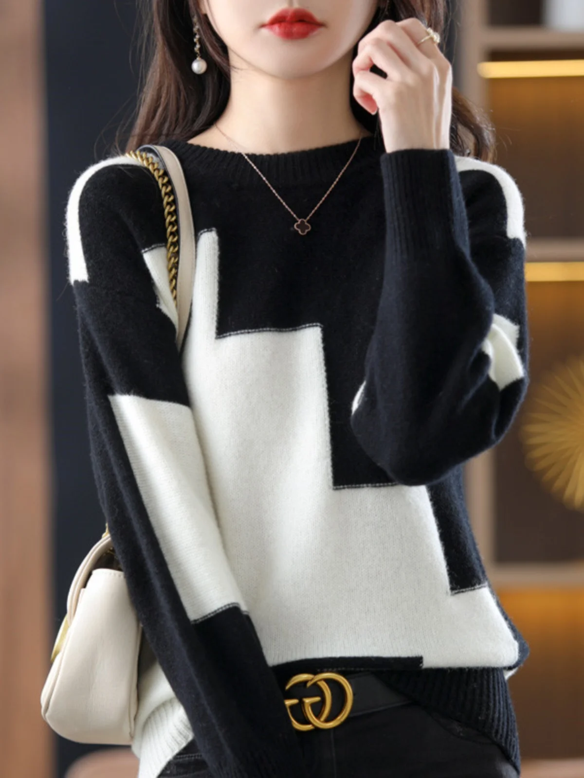 

Color Blo Knitted Sweater Women's Woolen Top Euro Faion Loose Fit Long Sve round Ne Knitwear for Commuting