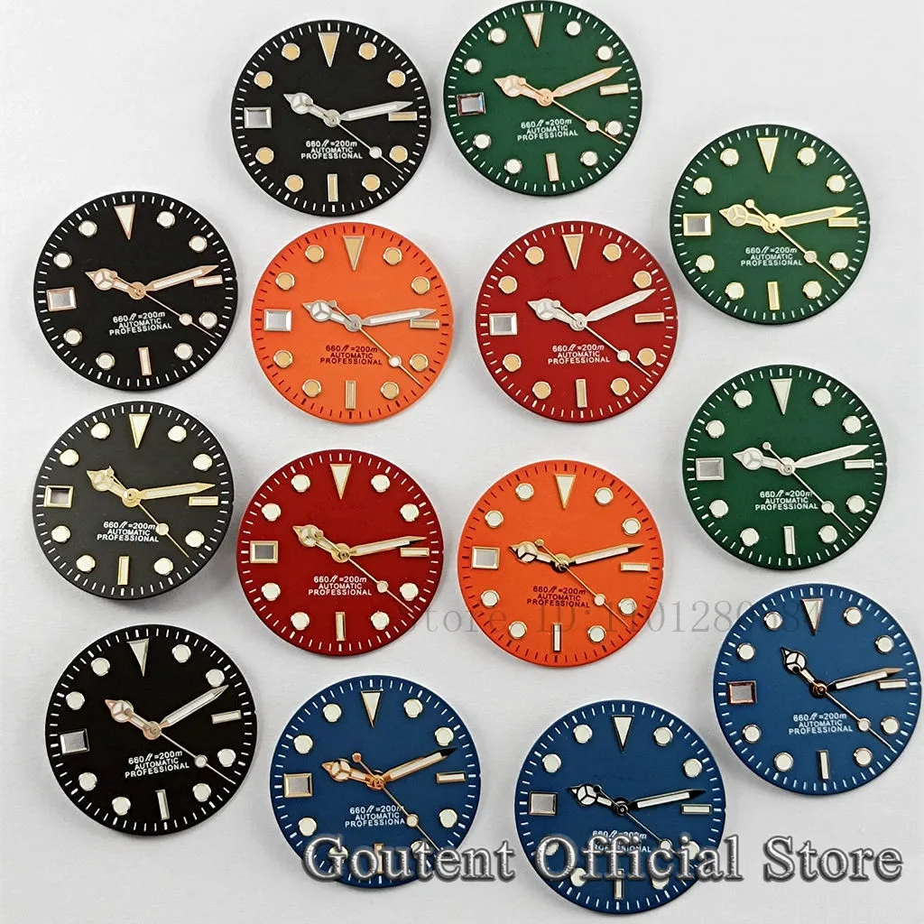 Goutent 29mm Black Blue Green Red Orange Watch Dial With Hands 9 O\'clock Date Green Luminous Fit NH35 Movement