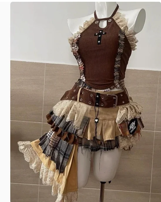 甘いクールスパイシーな女の子セクシーなミニスカート + デニムステッチチューブトップ 2 点セット夏の新しいサブカルチャーパンク Y2k レディース衣装