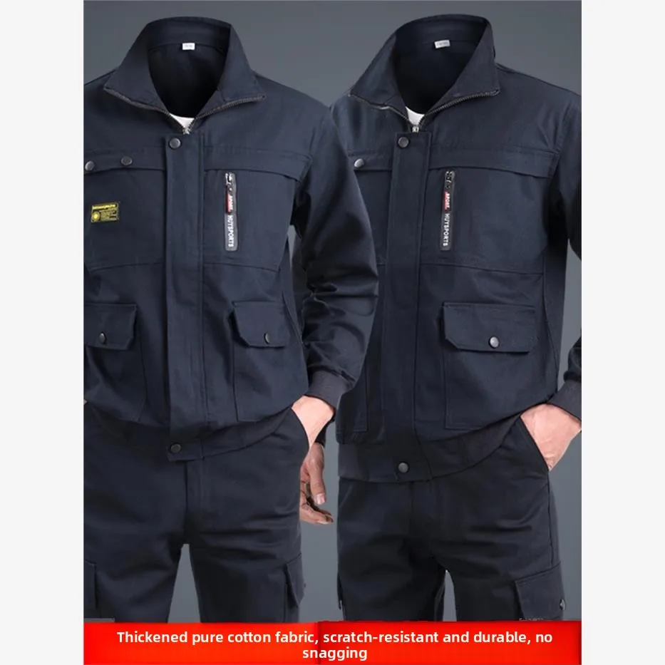純綿作業服セット メンズ 耐熱Wワークウェア 耐久性のある労働保護スーツ 春秋用作業着