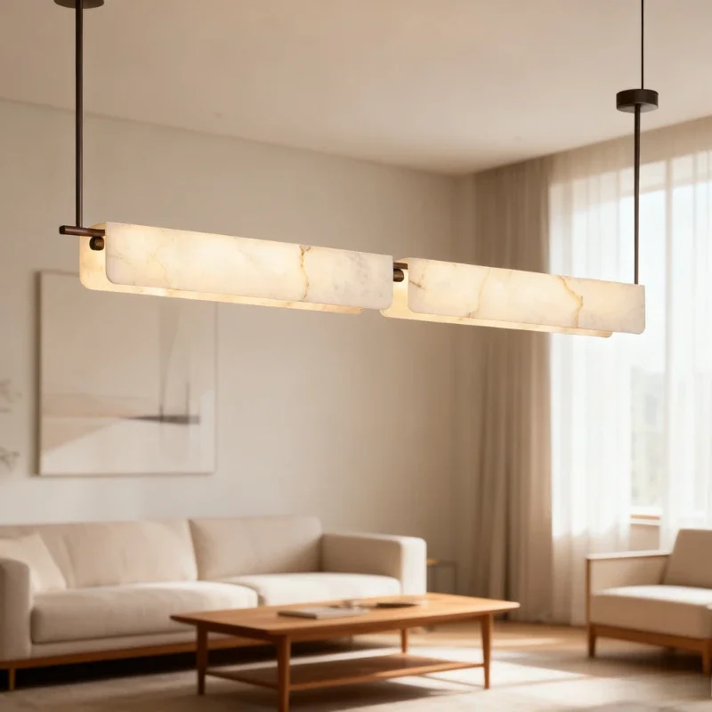Modern Luxury Designer Marble And Copper Pendant Light Long Strip All Copper Fixture For Upscale Restaurant Dining Room Lighting