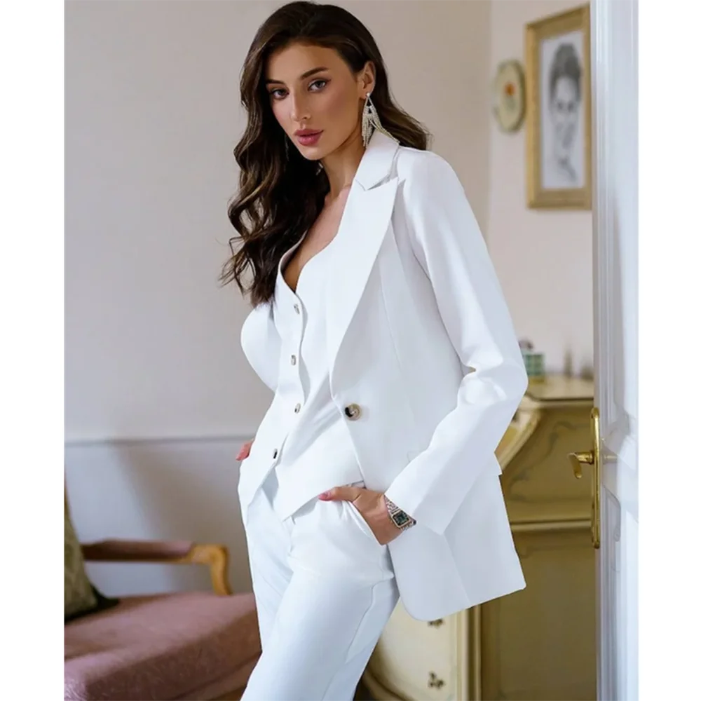 Luxury Chic White Women Suit Single Breasted 3 Piece Jacket Vest Pants Blazer Set Formal Slim Fit Office Lady Female Clothinig