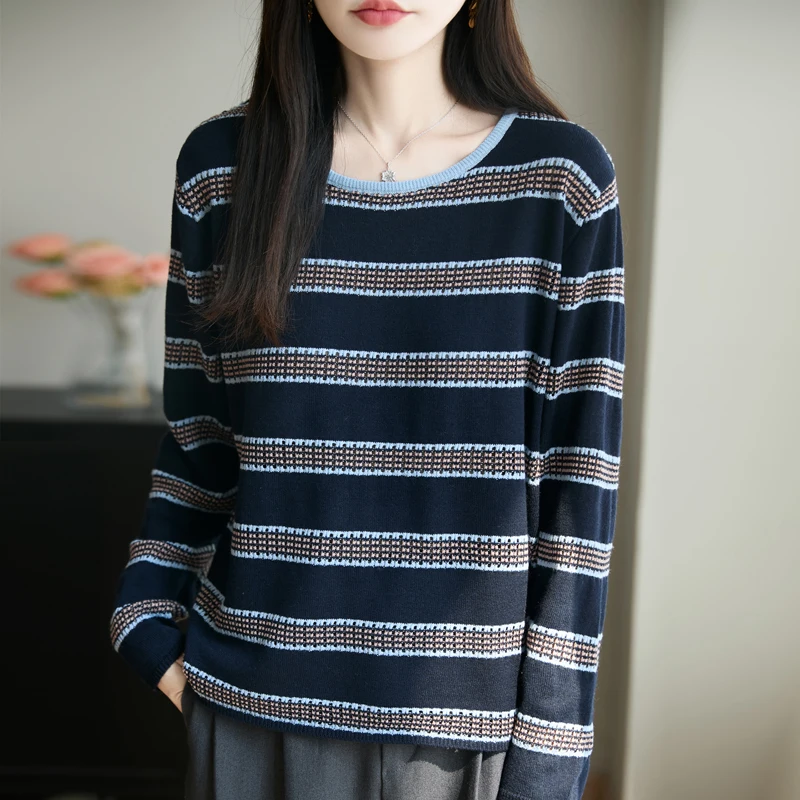 Women's Autumn Winter New Arrival Merino Wool Pullover Sweater O-Neck Color‑Block Stripe Long Sleeve Figure‑Flattering Knit Top