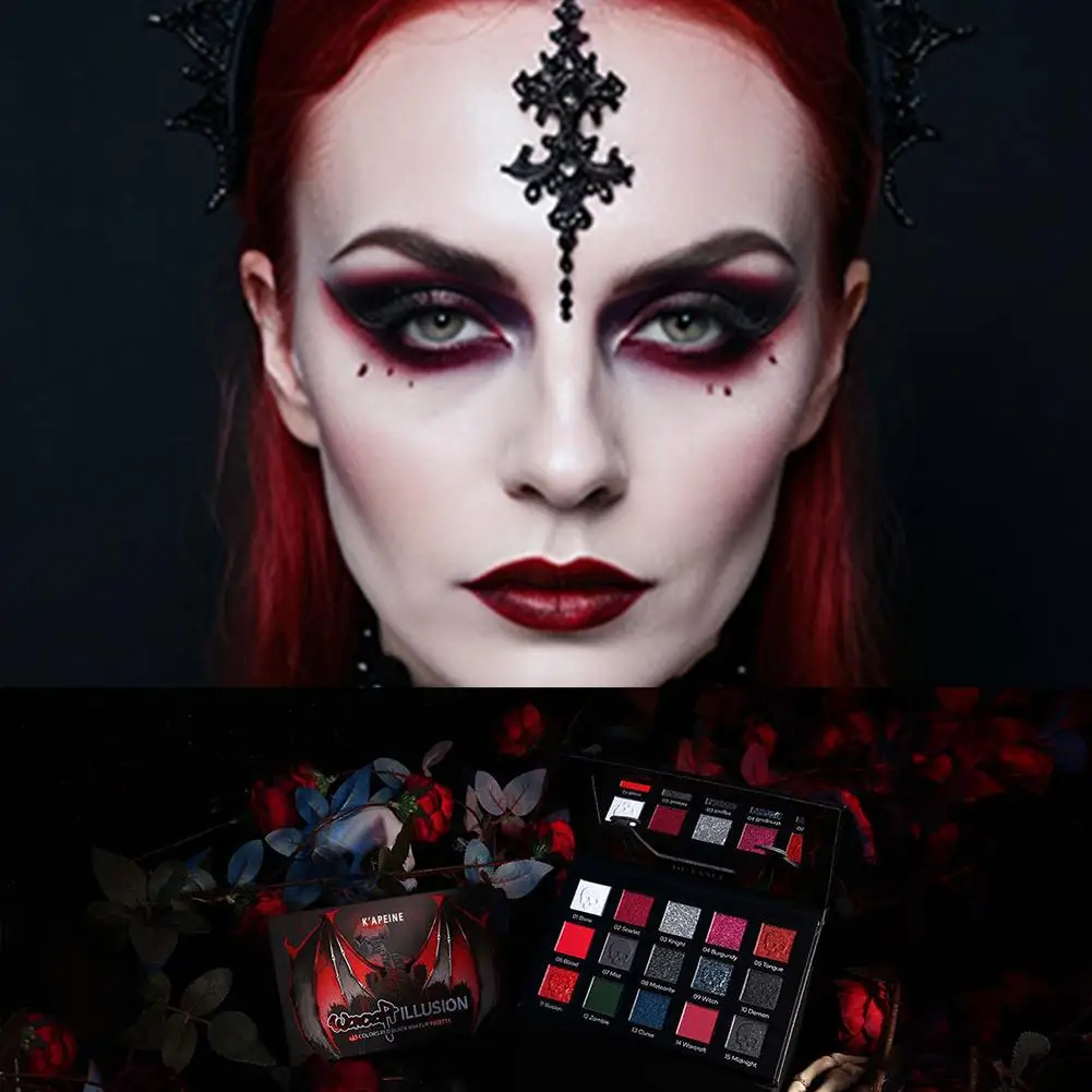 Halloween Dark Theme Eyeshadow Palette 15 Shades Matte Shimmer Black Red Punk Cosplay Gothic Eye Makeup Cosmetic Palette