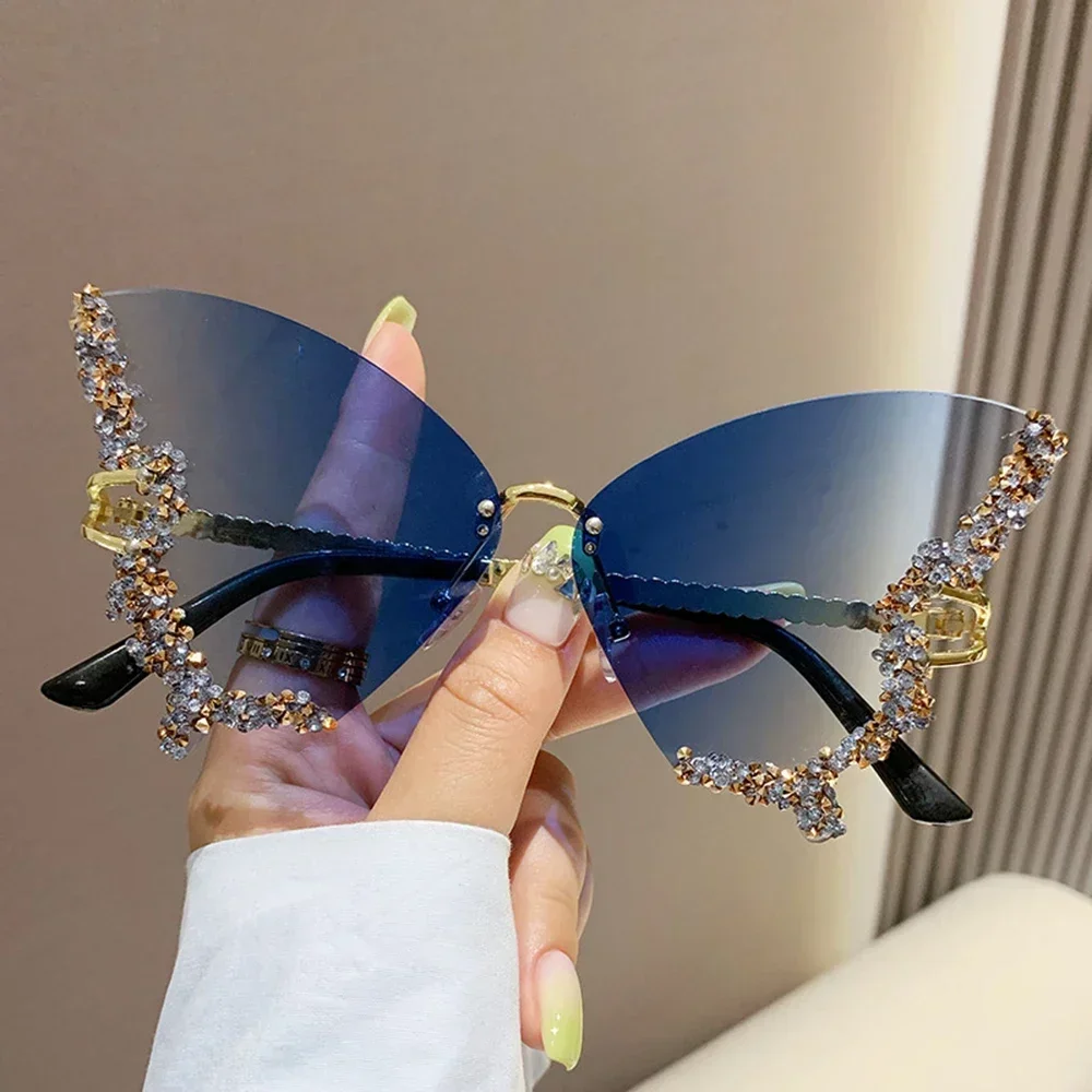 Occhiali da sole a farfalla con diamanti di lusso da donna Occhiali da sole oversize senza montatura vintage di marca Occhiali da donna gafas de sol