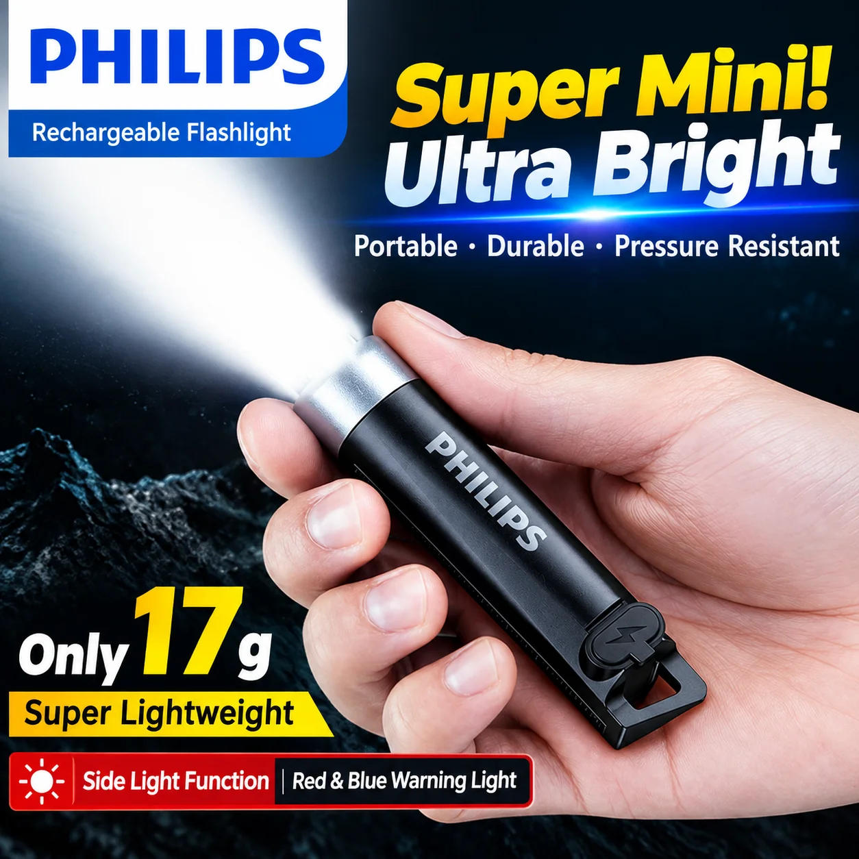 PHILIPS Mini USB‑C Rechargeable Flashlight 17g Ultra‑Light Pocket Torch Red‑Blue Warning Side Light for Camping Emergency
