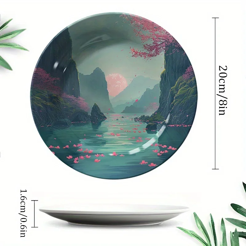 1pc Elegant Ceramic Decorative Plate - Asian-Inspired Landscape Art with Pink Floral River, Mountain & Cherry Blossoms -