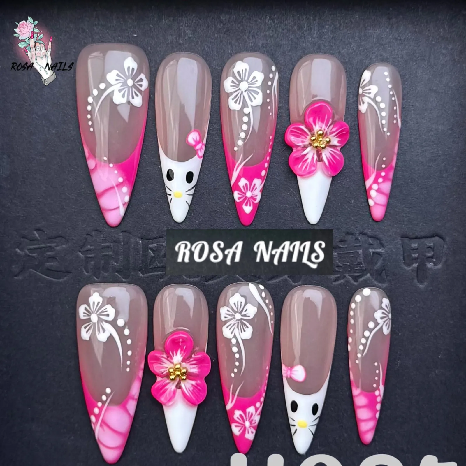 

10pcs Hand-painted Press On Nails Kawaii Cat 3D Flower Nail Art False Nails Glossy Long Stiletto Almond Pink Cute Fake Nail Tips
