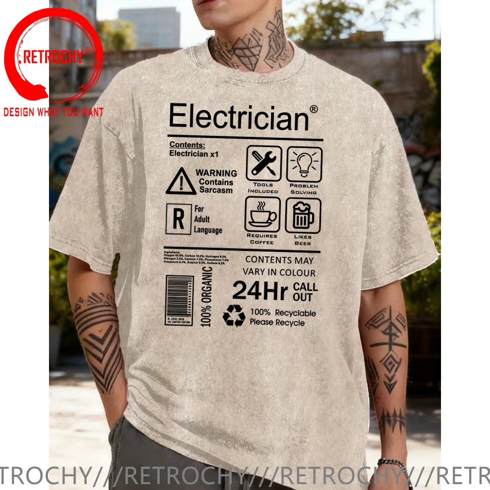 Vintage Washed Cottton Fashion T Shirt Funny Electrician Package Care Instructions Print T-shirt Electrical Engineer Design Tops