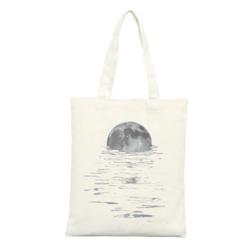 Moon and Water Reflection Print Canvas Tote Bag, Minimalist Design for Daily Use and Casual Outings