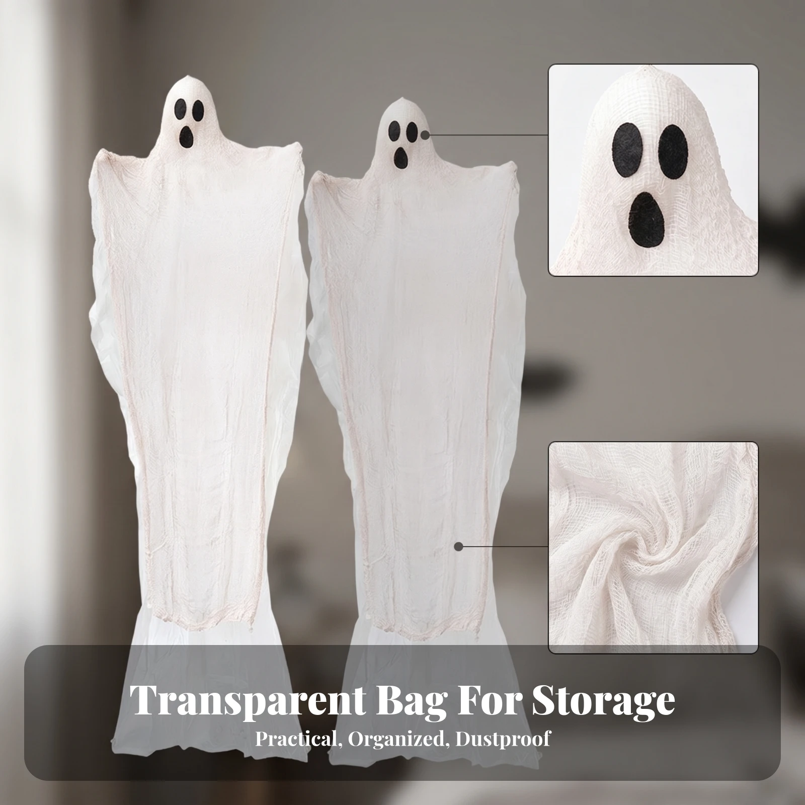 Halloween Ghost Decor Black Face Details Hanging Ghost Gauzy Material Translucent