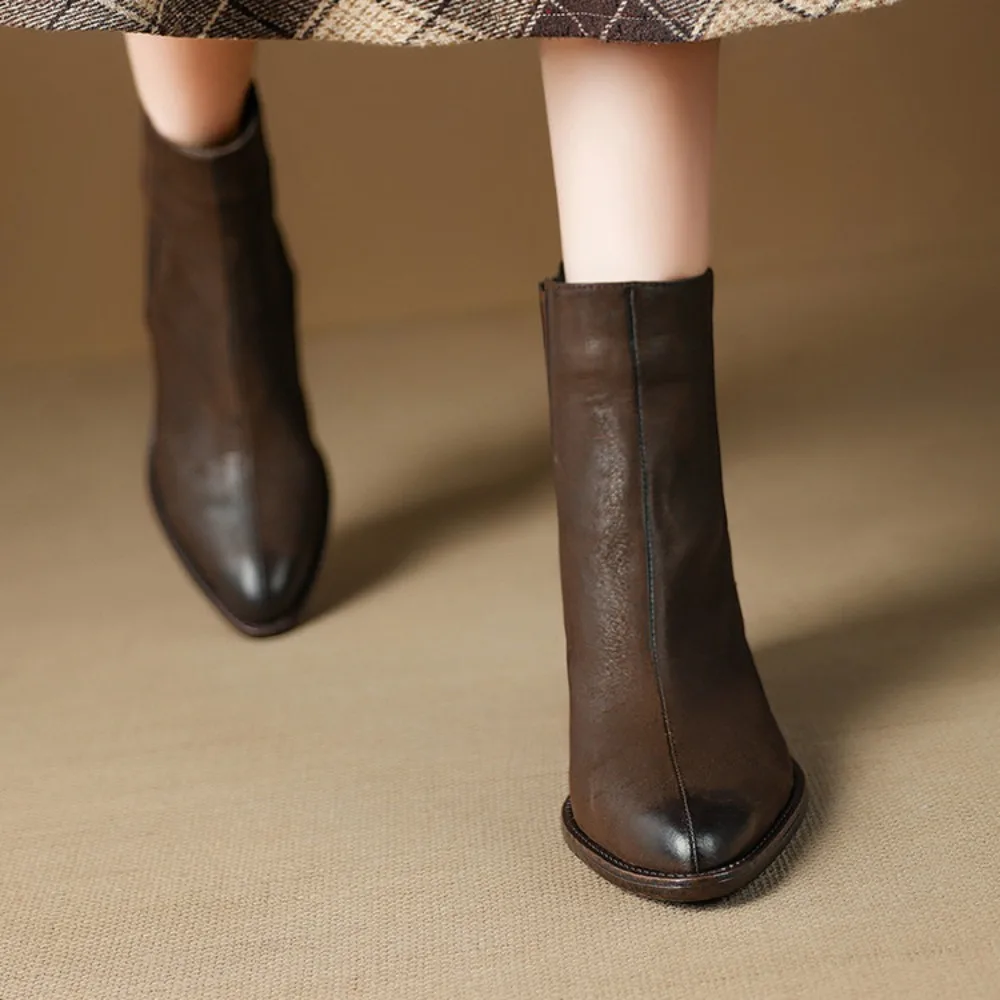 Women's Spring 2026 Retro Ankle Boots Genuine Leather High Heel Pointed Toe Office Date Daily Wear