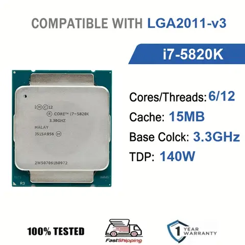 Intel Core i7-5820K 6 Core 12 Thread 3.30GHz 140W 15MB Cache 22nm LGA2011-v3 SR200 DDR4-2133 MHz Haswell-E