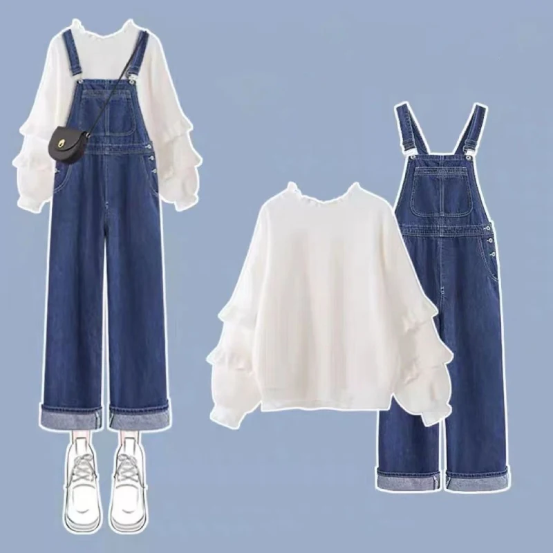 Women Preppy Style Spring Autumn Sweatshirt Overalls Denim Pants 1 or 2 Piece Set Korean Lady Daily Ruffle Tops Jeans Outfits