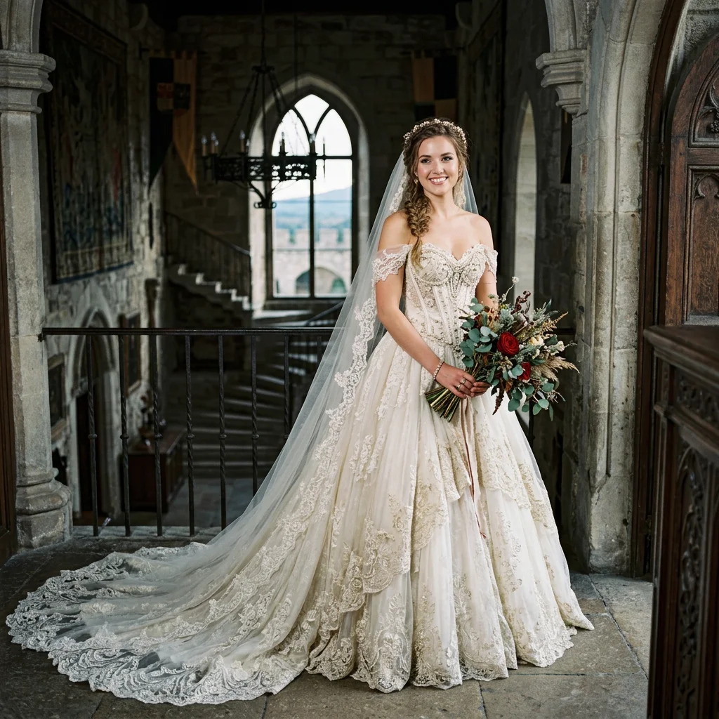 Vintage Off Shoulder Corset Lace Ball Gown Wedding Dress with Cathedral Train Castle Bridal Gown
