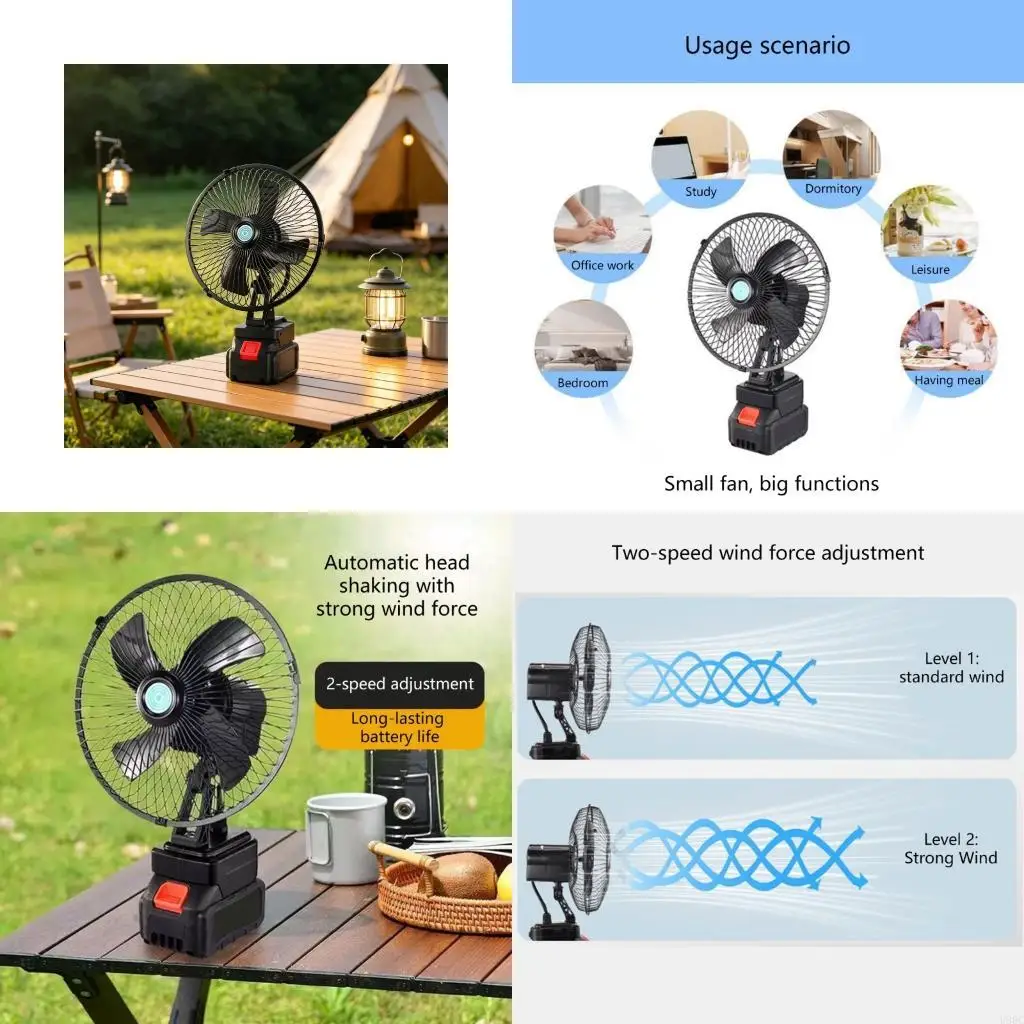 8 Inch Compacted Rechargeable Fan With 180 Degree Rotation And 2 Speed Settings For Outdoor Camping And Worksites New