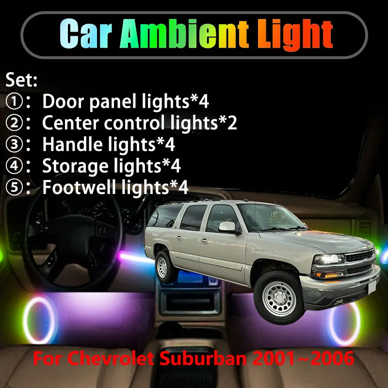 

Для Chevrolet Suburban 2001 ~ 2006 MK9 9th 2/18 в 1, автомобильное окружающее освещение, светодиодные внутренние светодиодные фонари багажника, USB RGB Ensemble Streamer