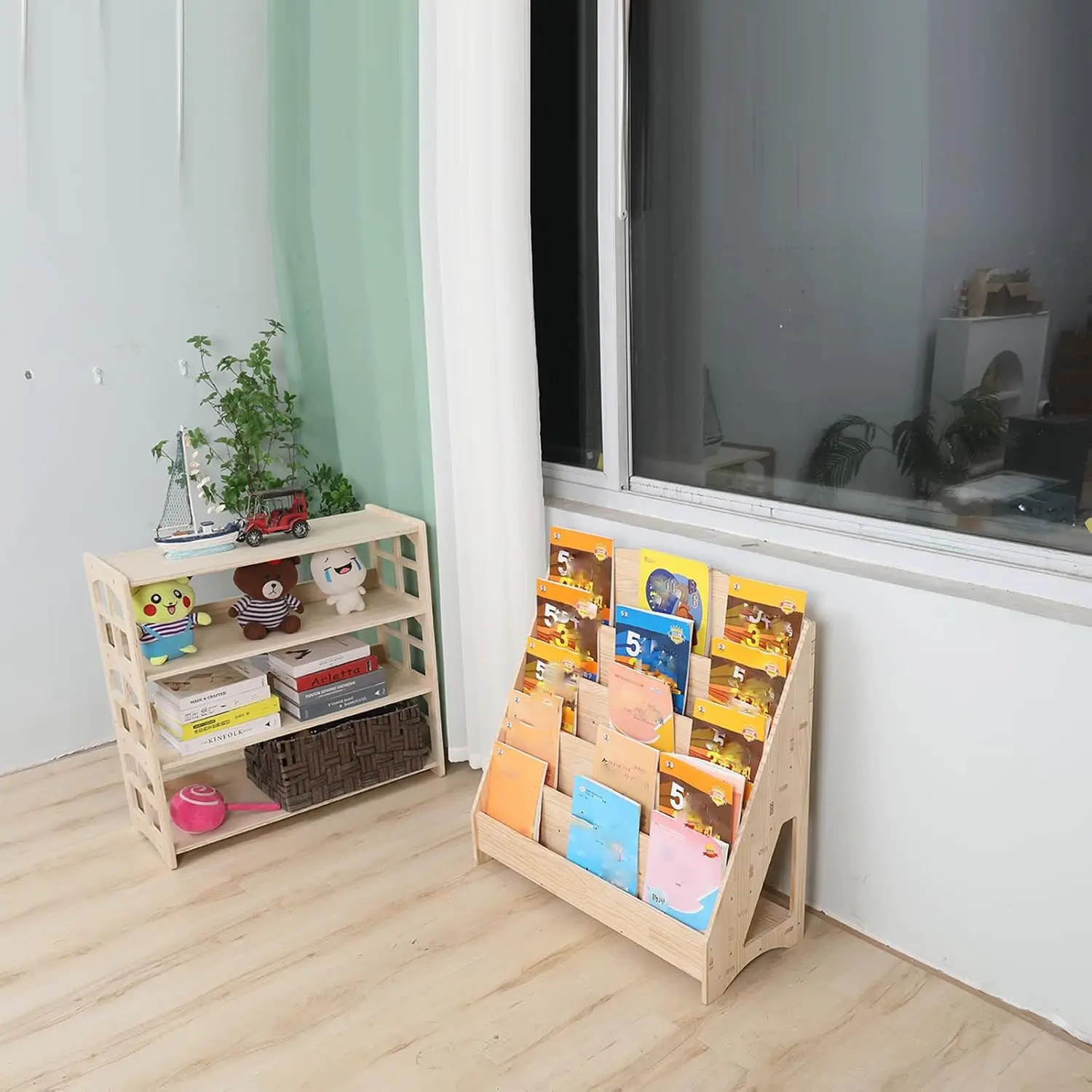 Shelf Organizer Single Sided Book Rack Display with Toy Storage, Children Baby Classroom Bookshelf, Kids Room bookcases cabinets