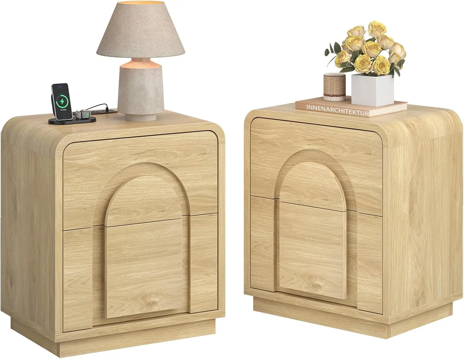 

Комплект прикроватных тумбочек в стиле Mid-Century Modern с 2 дверцами-арками, закругленным профилем, зарядной станцией и двумя ящиками, натуральный дуб