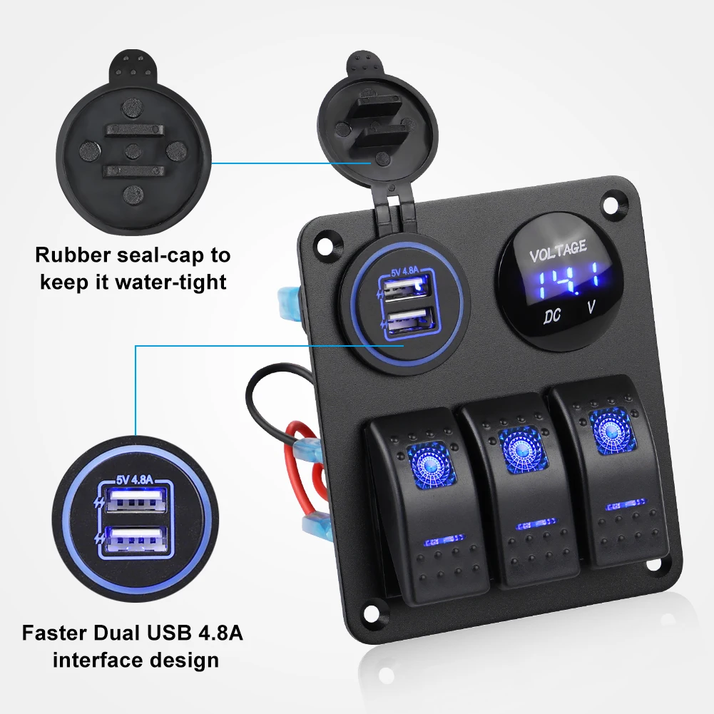 3 Gang ON-OFF Rocker Switch Panel 12V 4.8A Dual USB Charger Socket LED Digital Voltmeter Waterproof Switches for Car Marine Boat