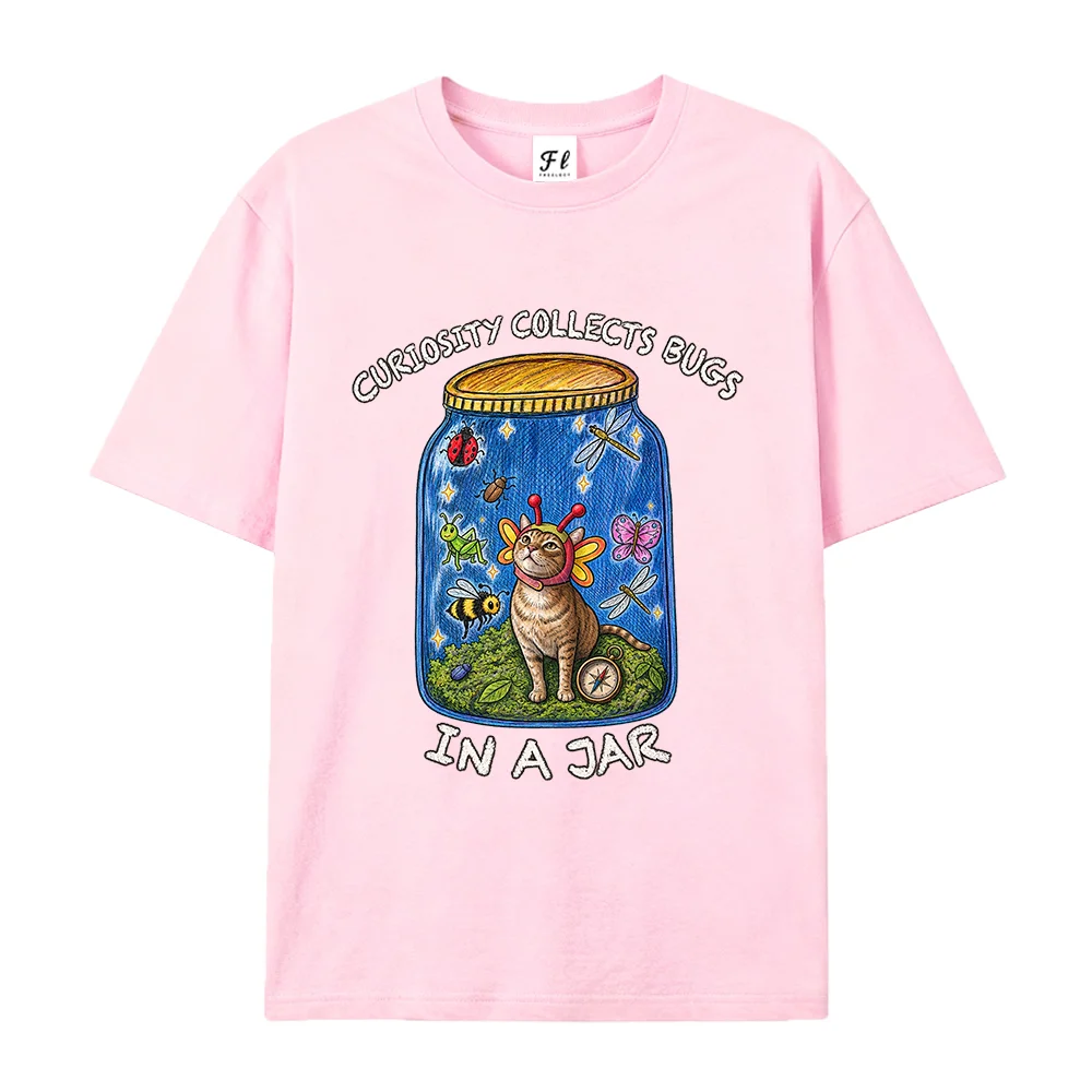 Women T Shirt Funny Cat Curiosity Collects Bugs In A Jar Graphic Tees Cute Kitten Cottagecore Aesthetic Short Sleeve Tops