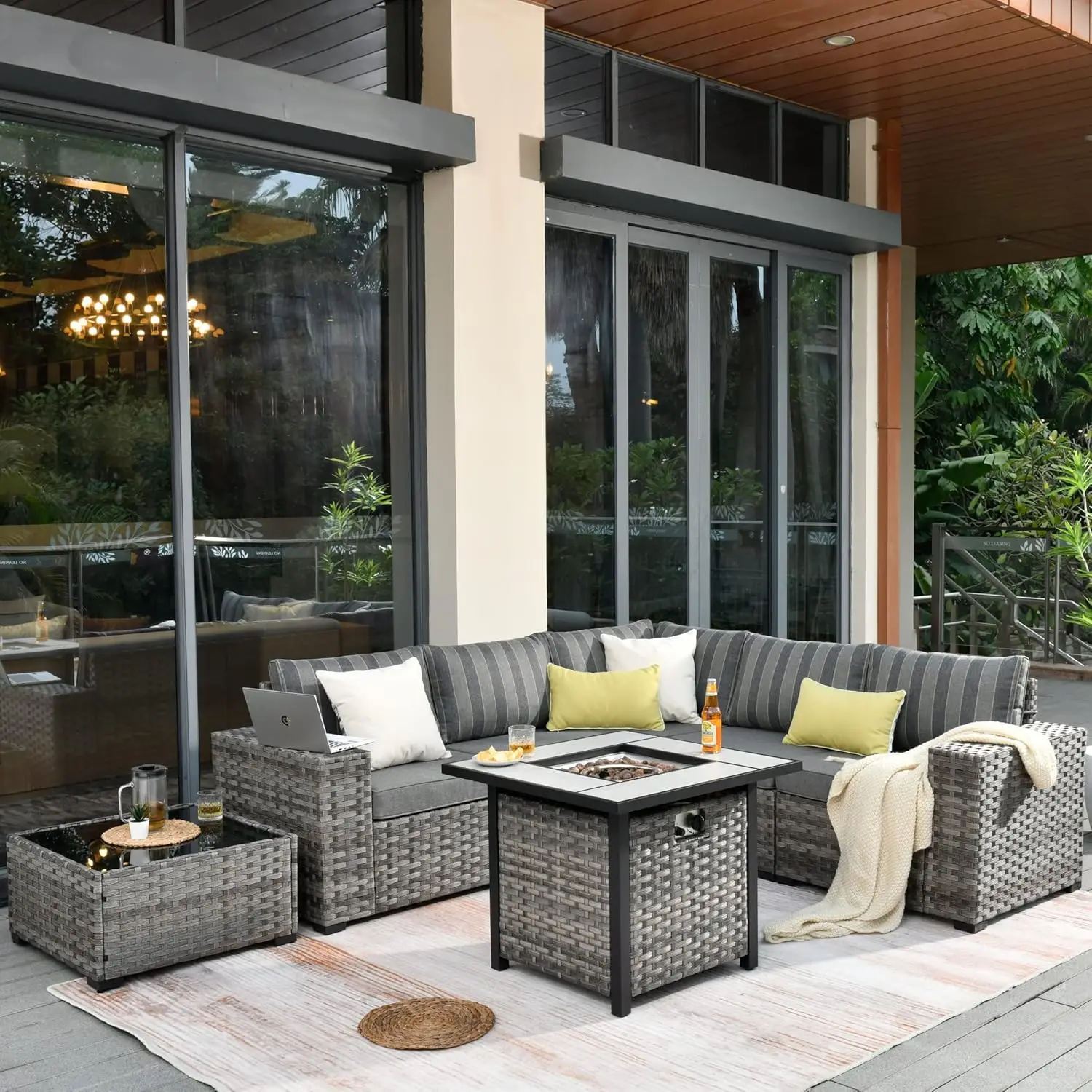 

Outdoor Sectional Sofa Set 7PCs PE Rattan Wicker Couch Conversation Sets w/ 50,000 BTU Propane Fire Pit & Coffee Table,Dark Grey