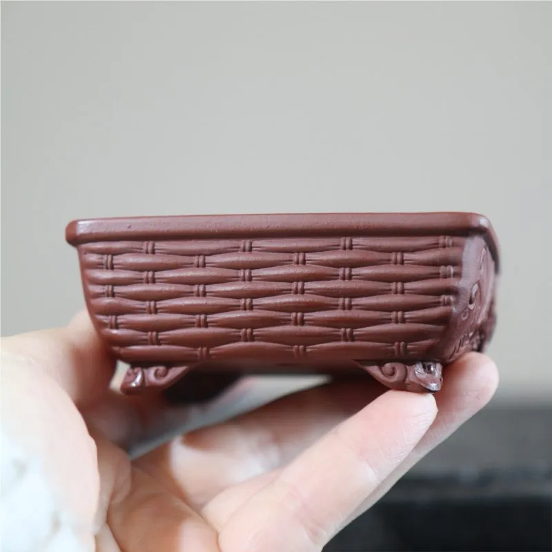 Purple Clay Flower Pot Miniature Bonsai Pot Palm Mounted Bonsai Dragon Carved Pot Small Classical Relief Handmade Flower Pot