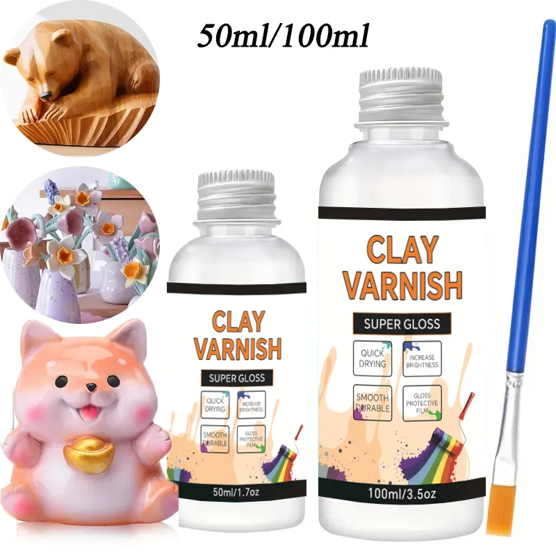 50ml/100ml Air Dry Clay Varnish With Brush High Gloss Prevent Scratch Resistant Clay Glaze For DIY Pottery Acrylic Painting