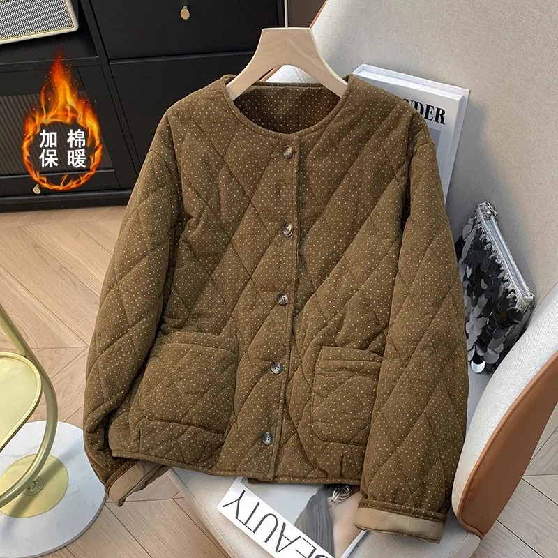 Spring Winter Quilted Corduroy Jacket Polka Dot Cotton Coat, Loose Round Neck Versatile Warm Single Breasted Retro Top W1506