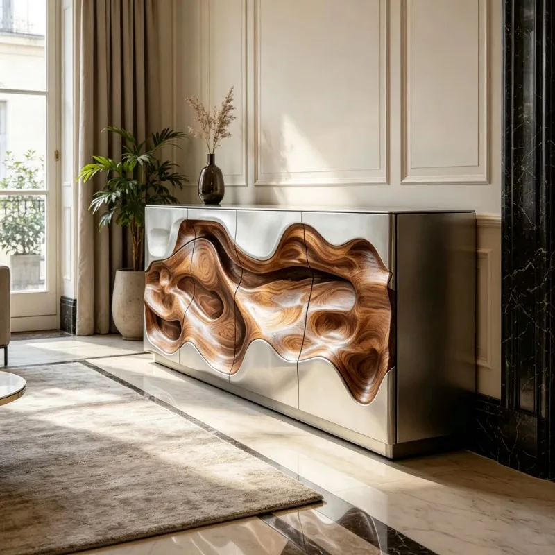 Wavy curved fiberglass storage cabinet with spiral-shaped natural wood carved panels and a silver matte frame