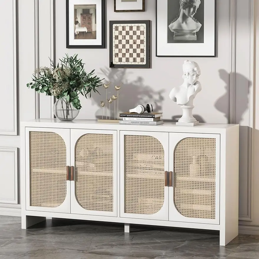 Rattan Sideboard  Farmhouse Boho Buffet  4 Doors Cabinet with Adjustable Shelves and Metal Legs Cupboard Cabinet for Living Room