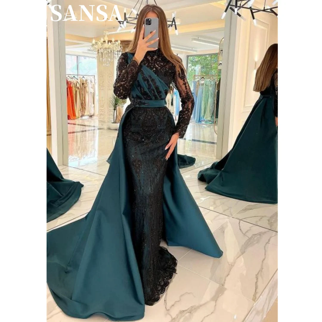 Sansa Gliiter Mermaid فساتين السهرة With Satin Tail Sequins Prom Dress Elegant High Neck Long Sleeve Fishtail Vestidos De Noche