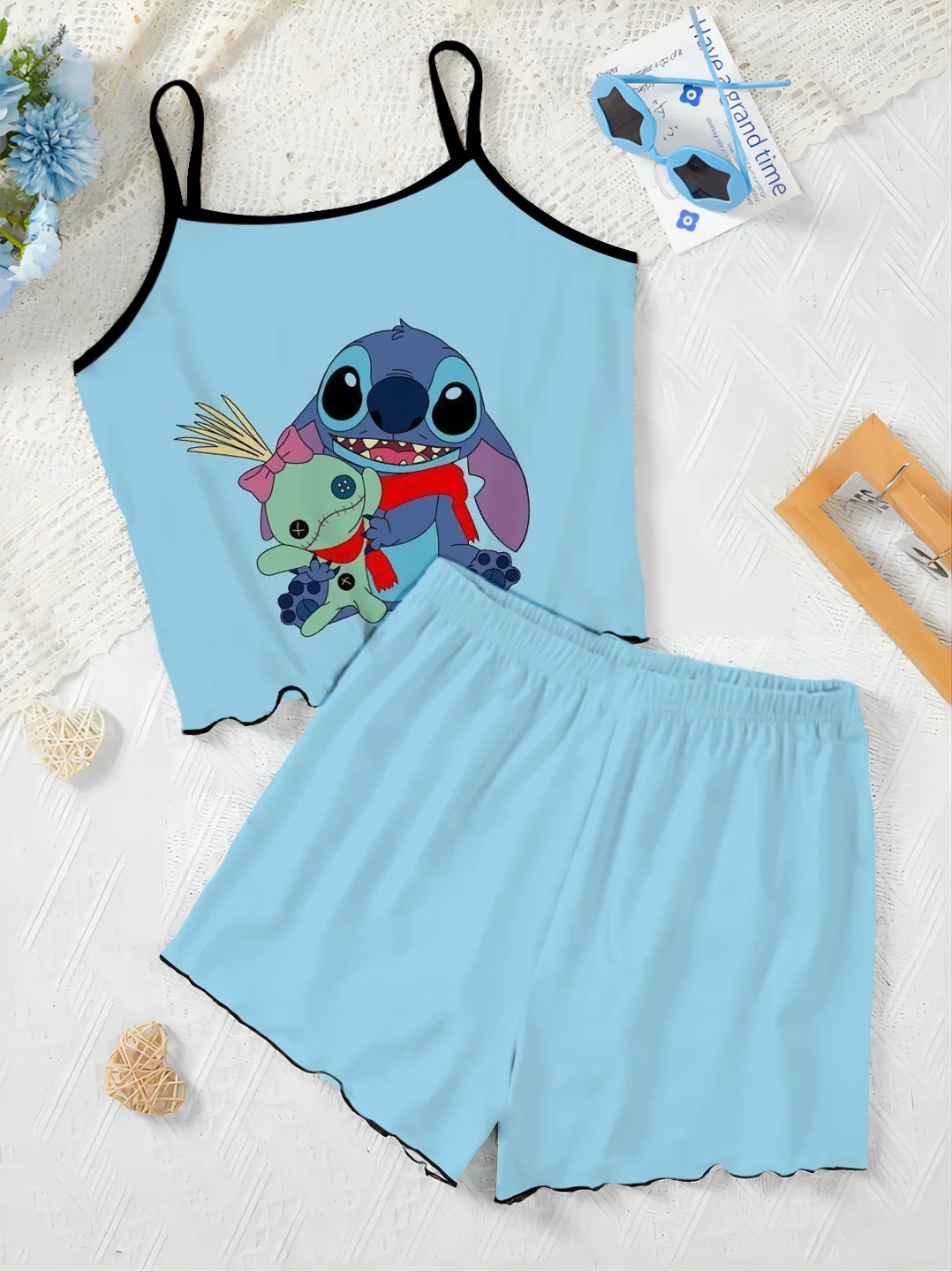 Damen anzug Salat besatz Pyjama Rock kurze Sets Slip Kleid Stich Top Disney T-Shirt Stücke elegante 2-teilige Disney Home Kleid