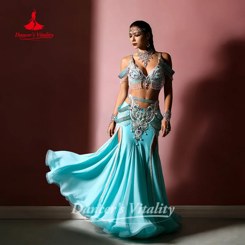 

BellyDance Costume for Women's Customized Exquisite Pearls AB Stones Bra+Long Skirt 2pcs Competition Clothing Dance's Vitality