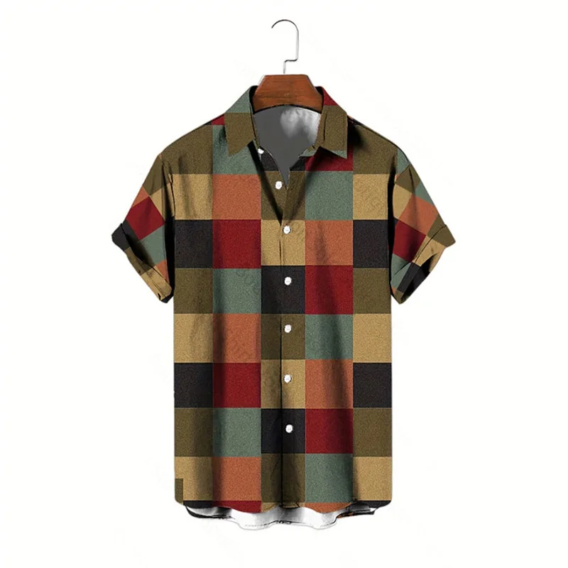 

Colorblock plaid color casual men's shirt for daily wear in spring and summer with lapel and short sleeves XS-5XL stretch fabric