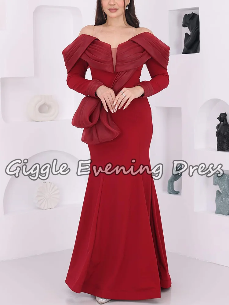 

Red Mermaid Cascading Ruffle Prom Dresses Long Sleeve Crepe Vestidos De Noche Floor-Length Women Formal Evening Gowns Customized