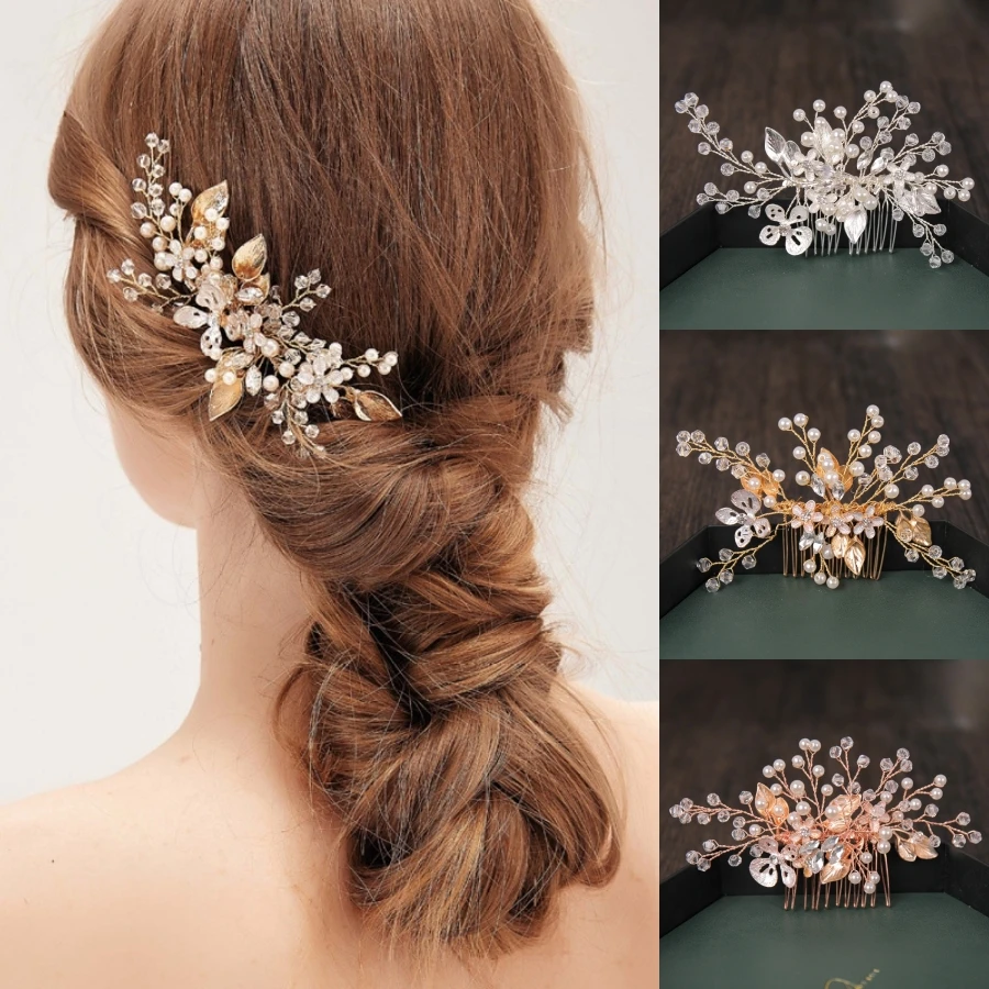 Crystal Pearl Hair Comb Hairpin Rhinestone Flower Leaf Headband Tiara Bridal Wedding Hair Accessories Jewelry Comb Clip Pin Gift