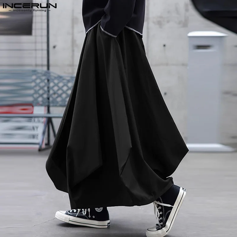 2024 Men Irregular Pants Solid Color Drawstring Joggers Fashion Casual Wide Leg Trousers Men Loose Streetwear Long Pants INCERUN