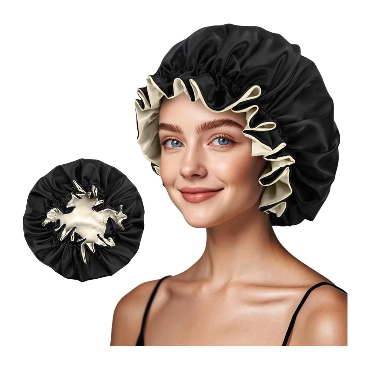 1pc Two Tone Satin Hat Silk Bonnet for Sleeping Satin Bonnets Double Layer Reversible Hair Cap Bonnet for Women Long Curly Braid