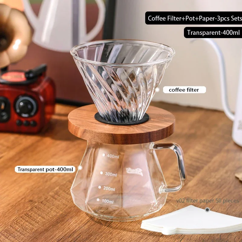 400ml/600ml Pour Over Coffee Maker Set Glass Filter Cup & Sharing Pot Heat Resistant Coffee Server Drip for Home/Café/Restaurant