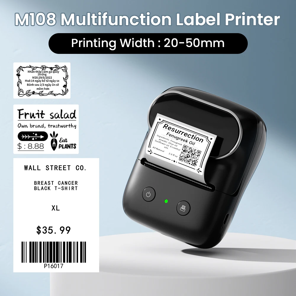 Phomemo M108 Portable Label Printer Wireless Bluetooth Thermal Label Makers 20-50mm Thermal Labeling Printing for Home School