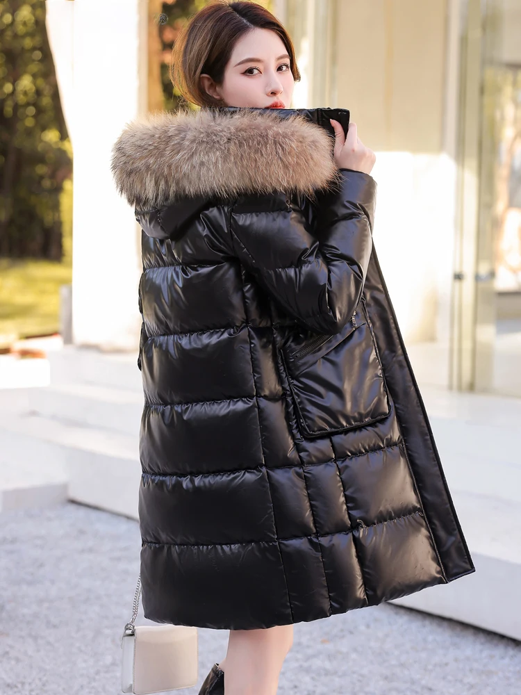 

Mid-length Women's White Duck Down Jacket 2023 Winter New Fashion Large Fur Collar Wash Free Thicked Warm Down Coat